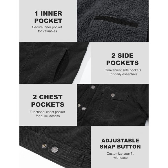 Mens Dark Grey Corduroy Jacket Sherpa Lined Warm Winter Trucker Cargo Coat - Picture 6 of 7